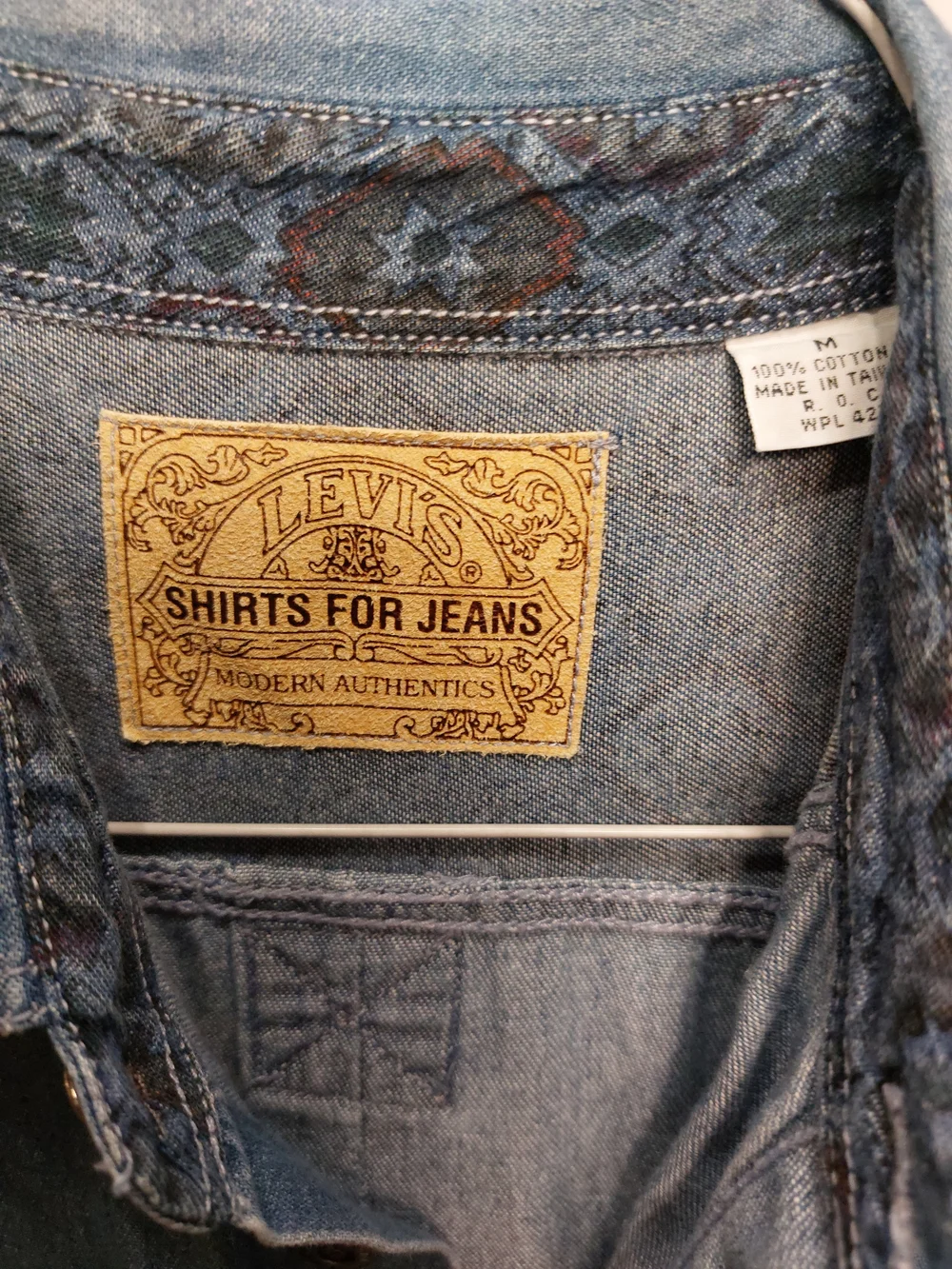 Vintage Levi's Light Blue Denim Shirt Jacket with Dark Patterned Yoke